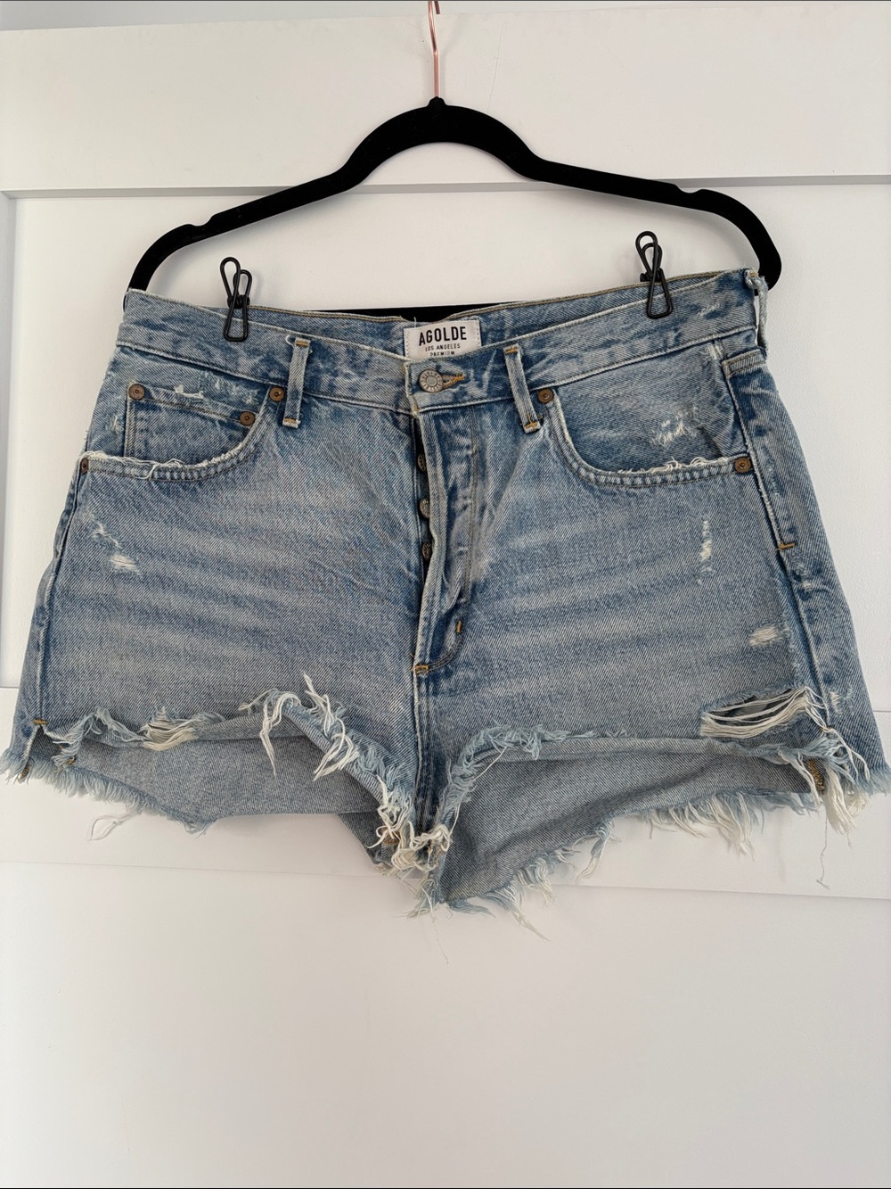 Agolde Light Wash High-Rise Distressed Denim Shorts